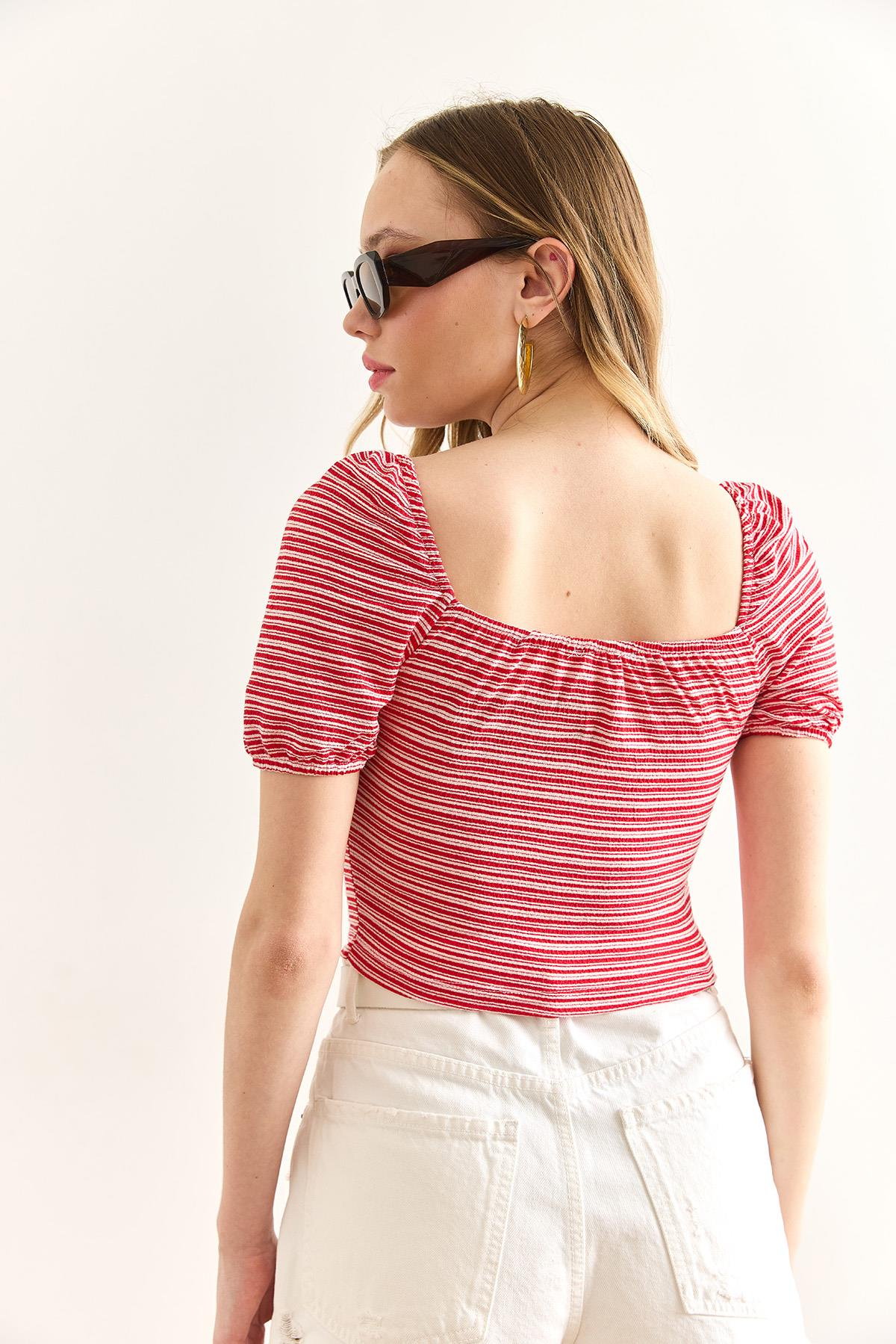 Çizgili Crop Örme Bluz Kırmızı Çizgili