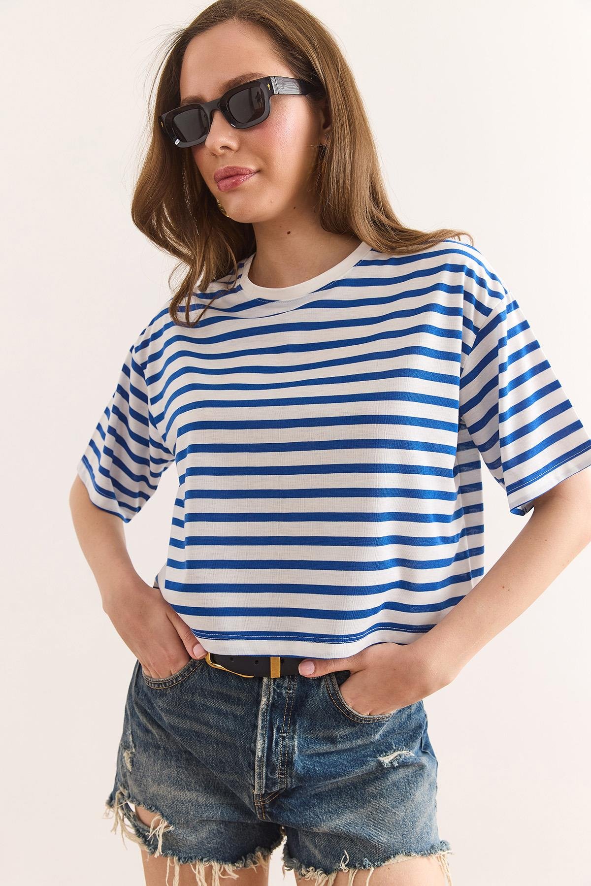 Çizgili Crop Tişört Saks Mavi