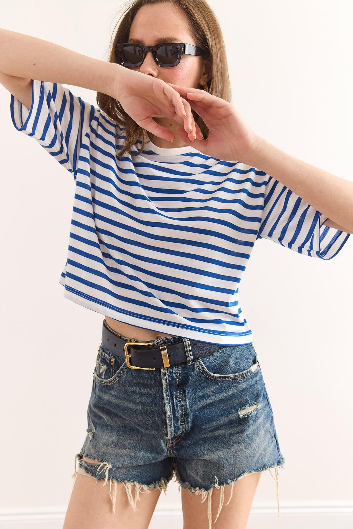 Çizgili Crop Tişört Saks Mavi