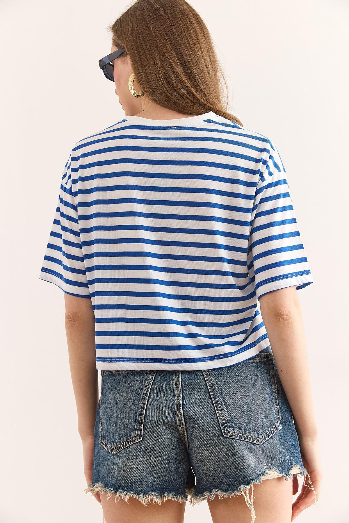 Çizgili Crop Tişört Saks Mavi