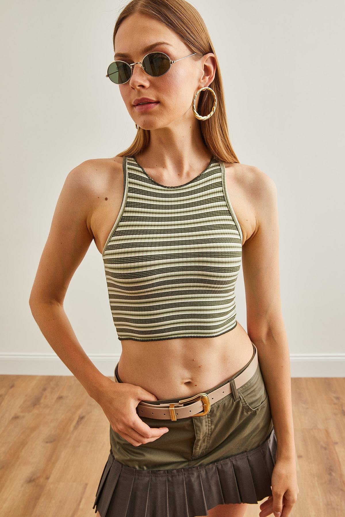 Çizgili Esnek Crop Bluz Yeşil