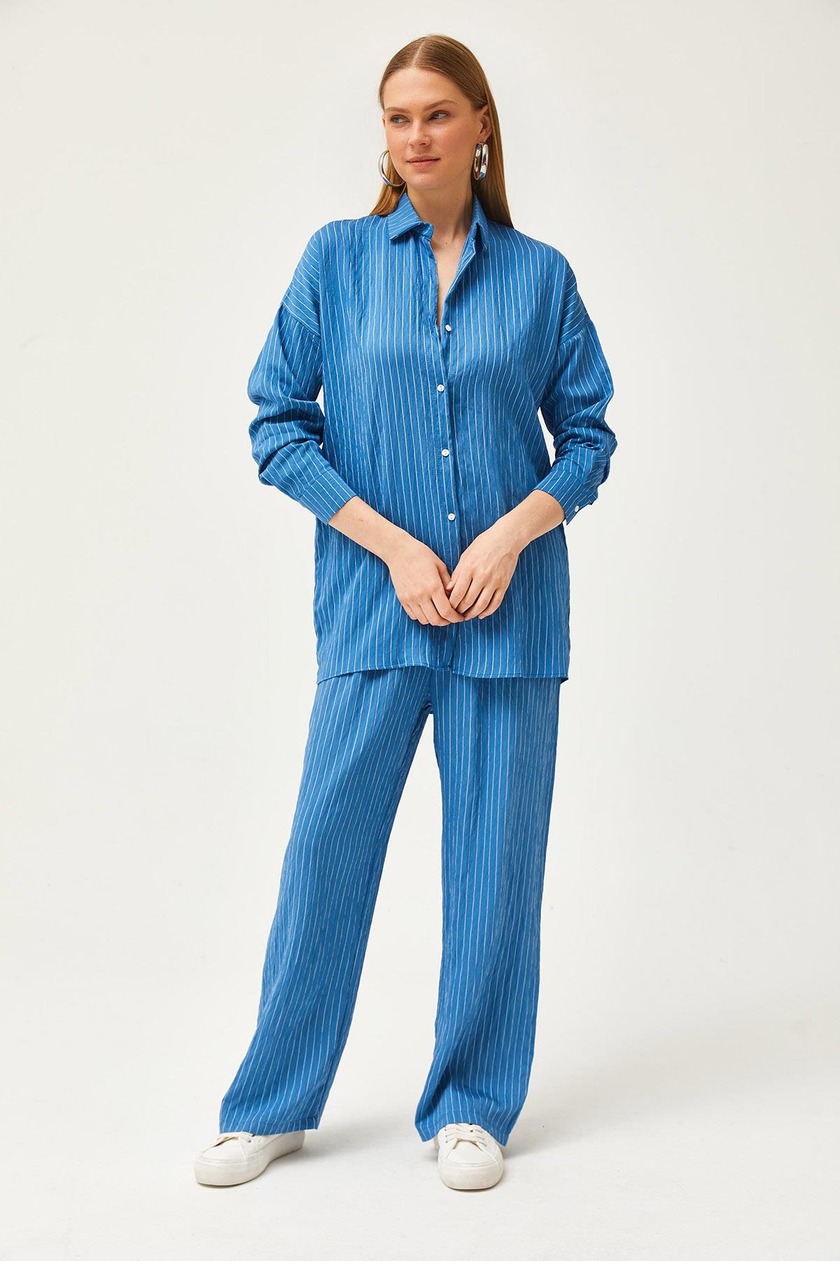 Çizgili Gömlek Pantolon Takım İndigo