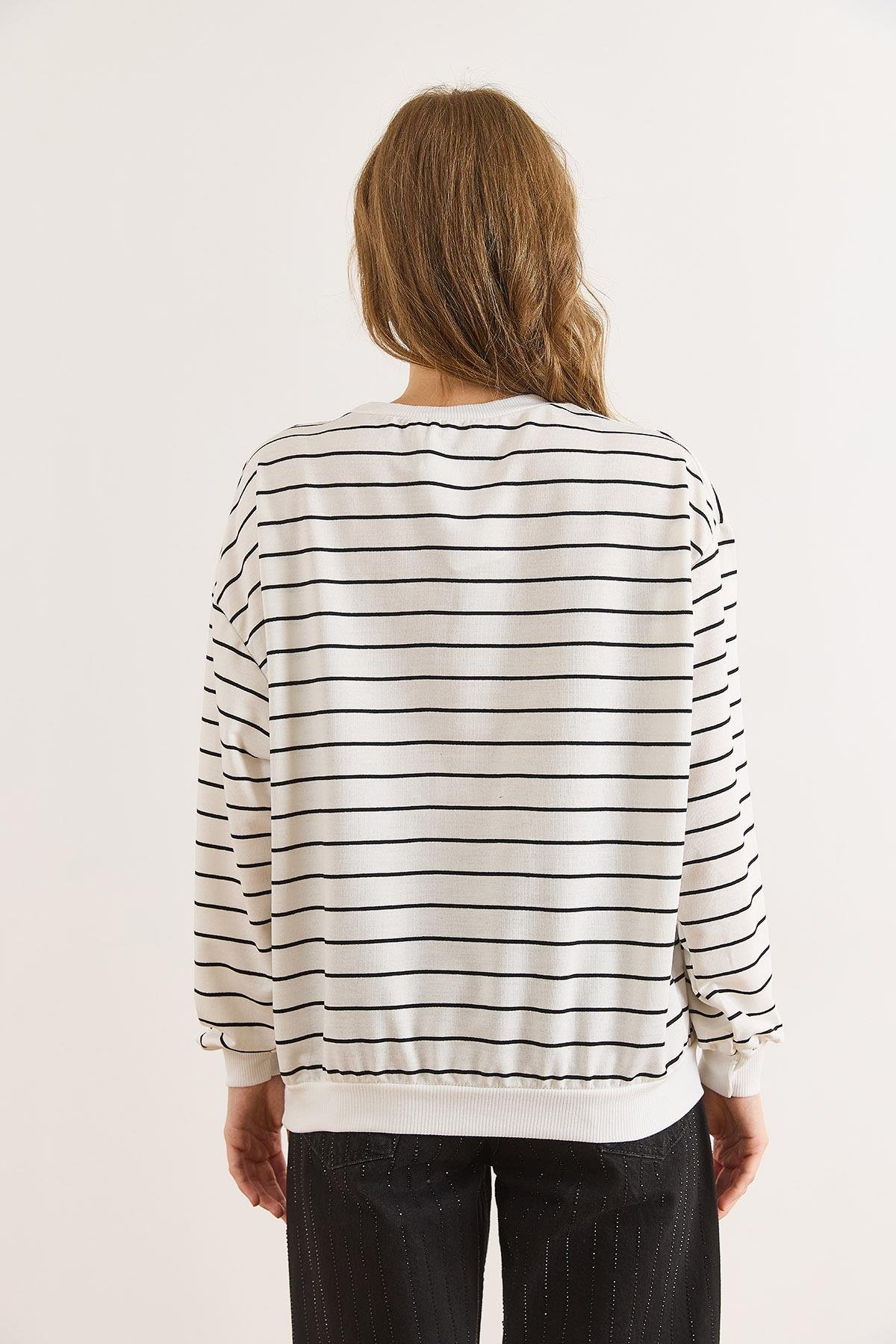 Çizgili İnce Sweatshirt Beyaz
