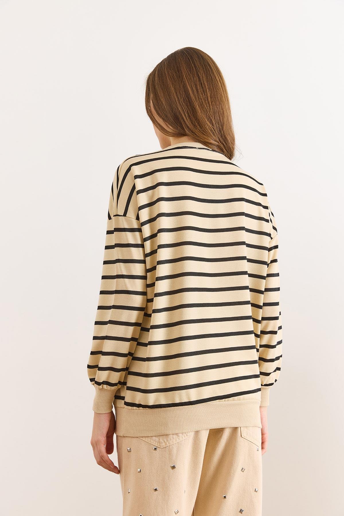 Çizgili İnce Sweatshirt Taş Siyah
