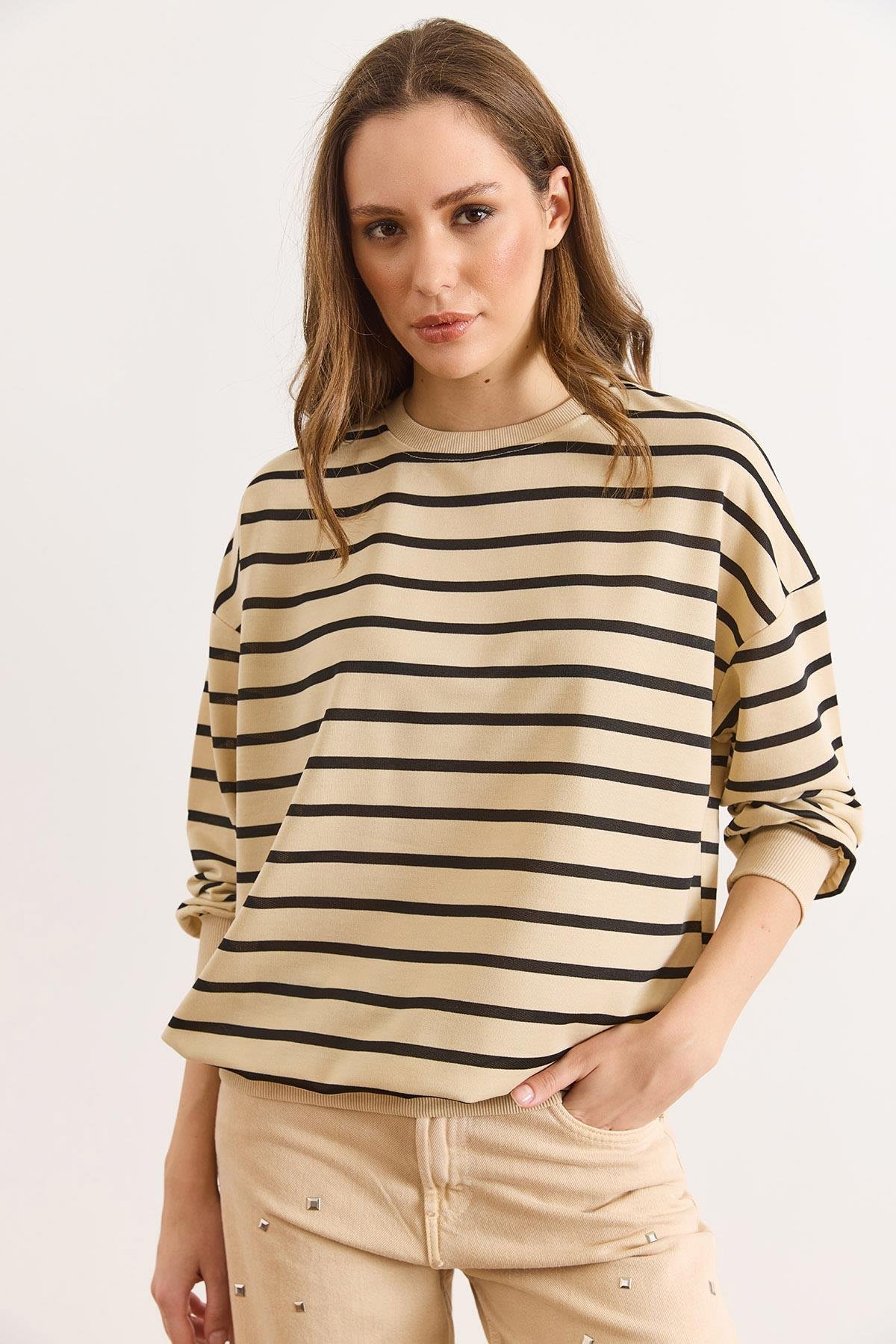Çizgili İnce Sweatshirt Taş Siyah