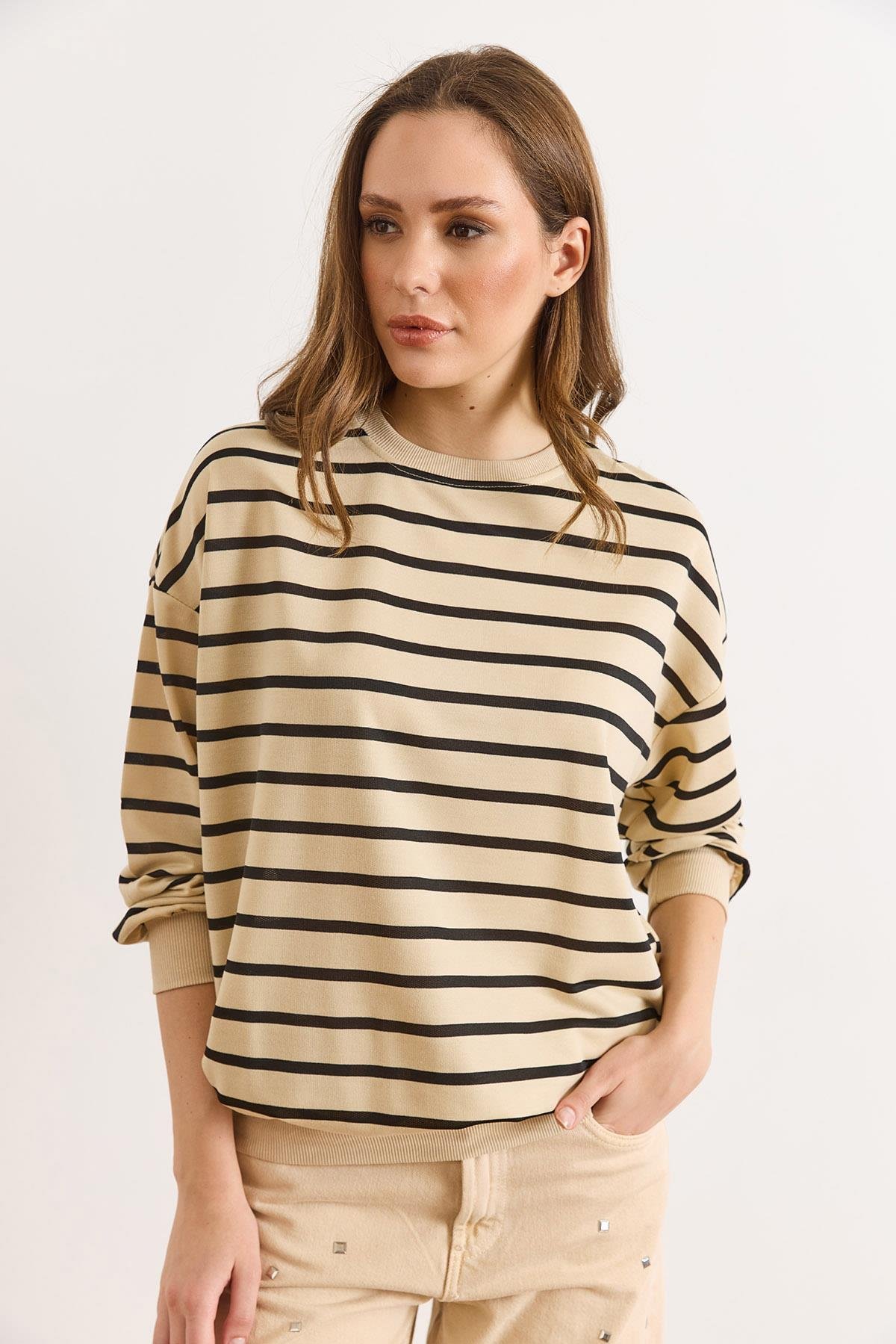 Çizgili İnce Sweatshirt Taş Siyah