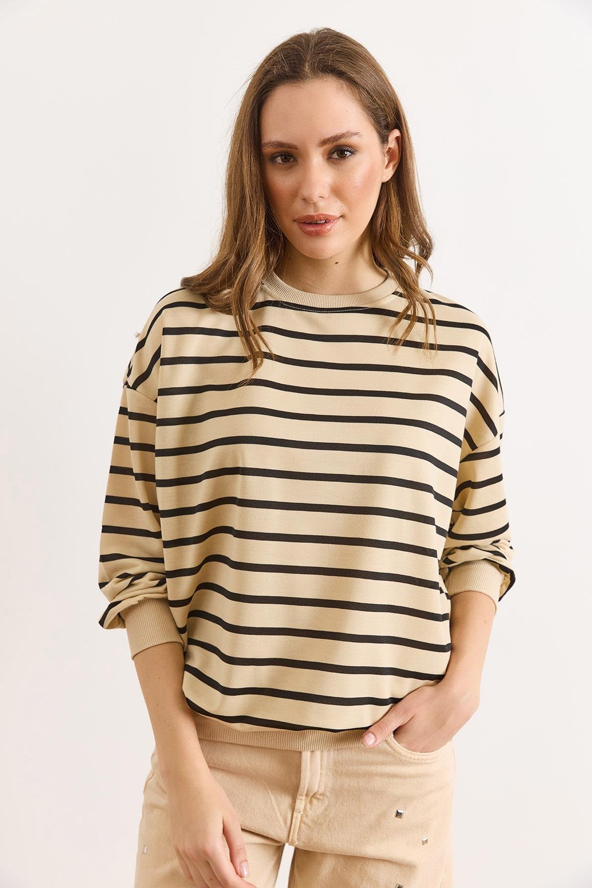 Çizgili İnce Sweatshirt Taş Siyah