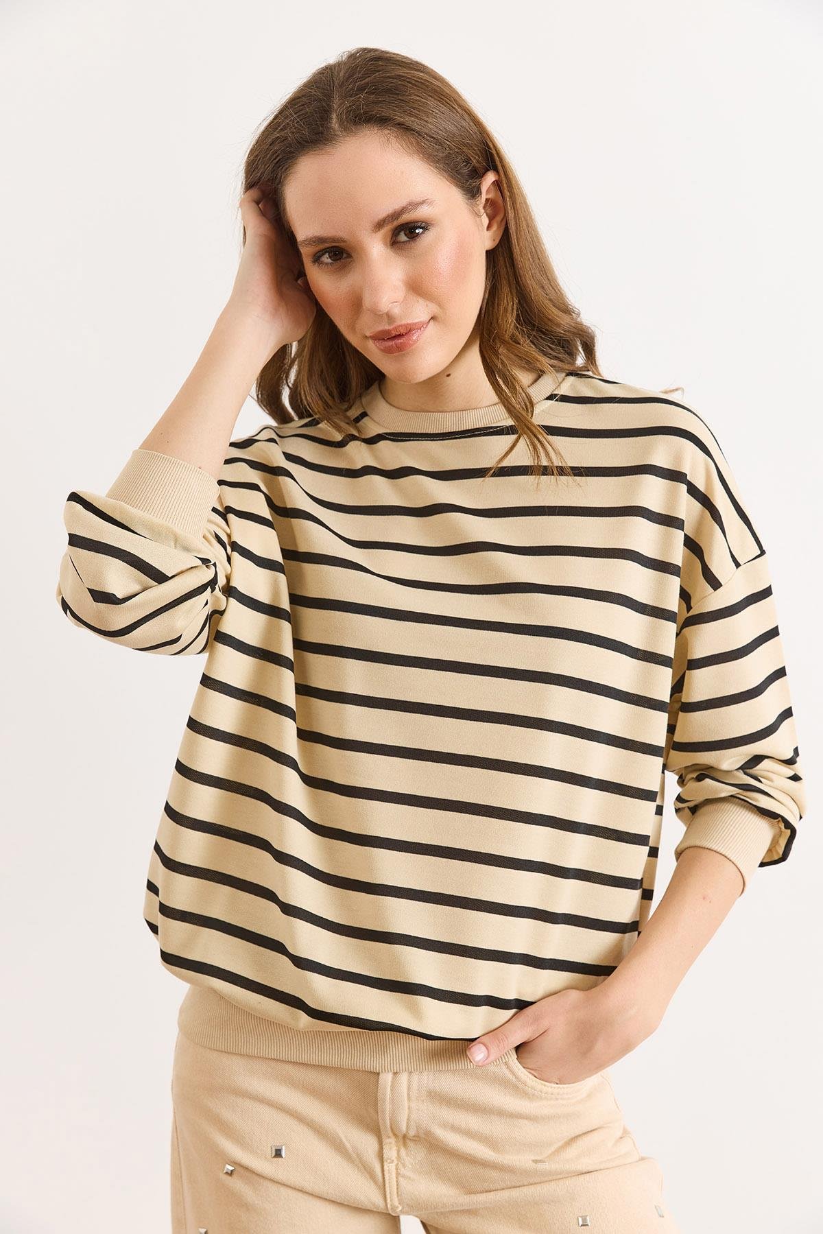 Çizgili İnce Sweatshirt Taş Siyah