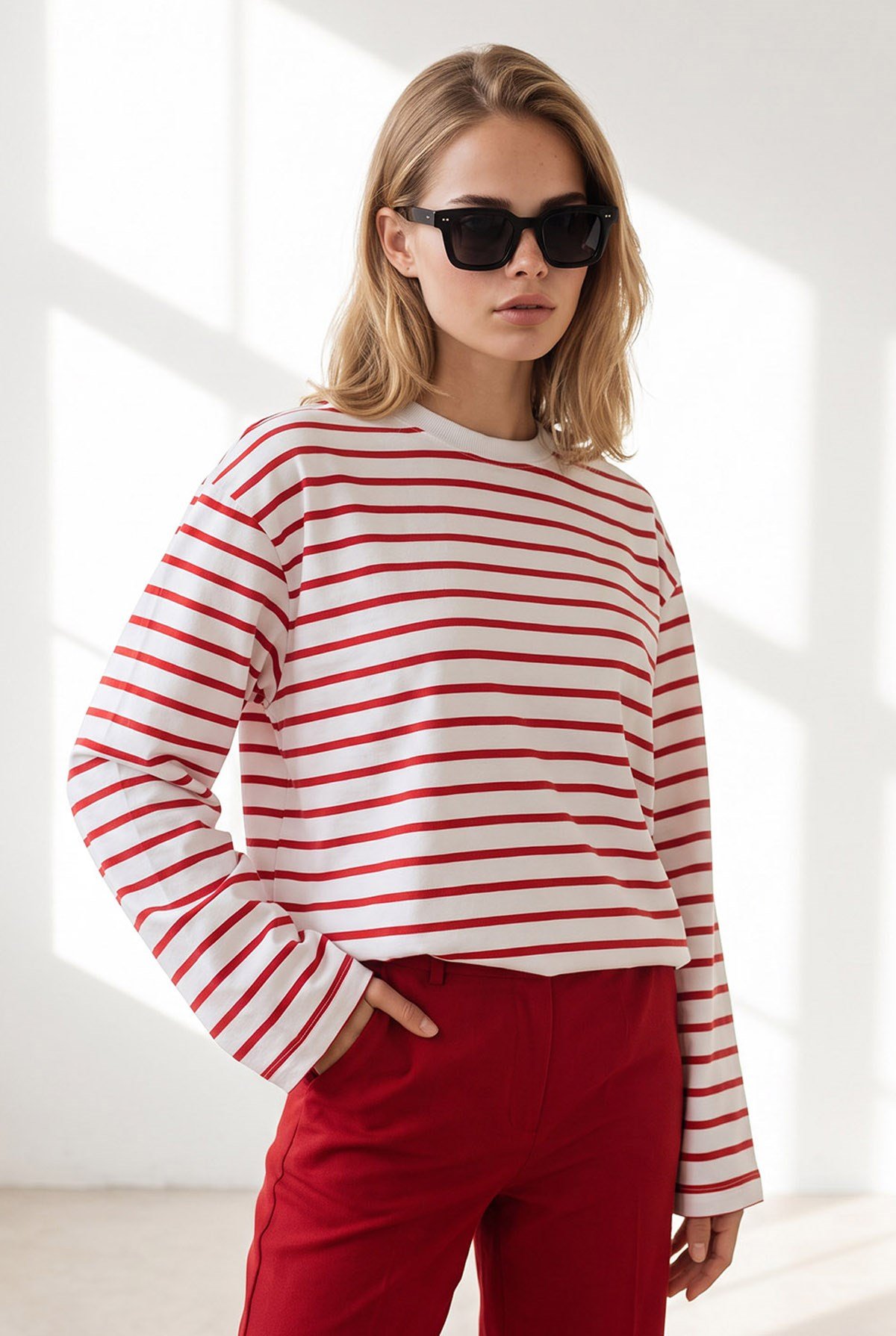 Çizgili İspanyol Kol İnce Sweatshirt Kırmızı Beyaz