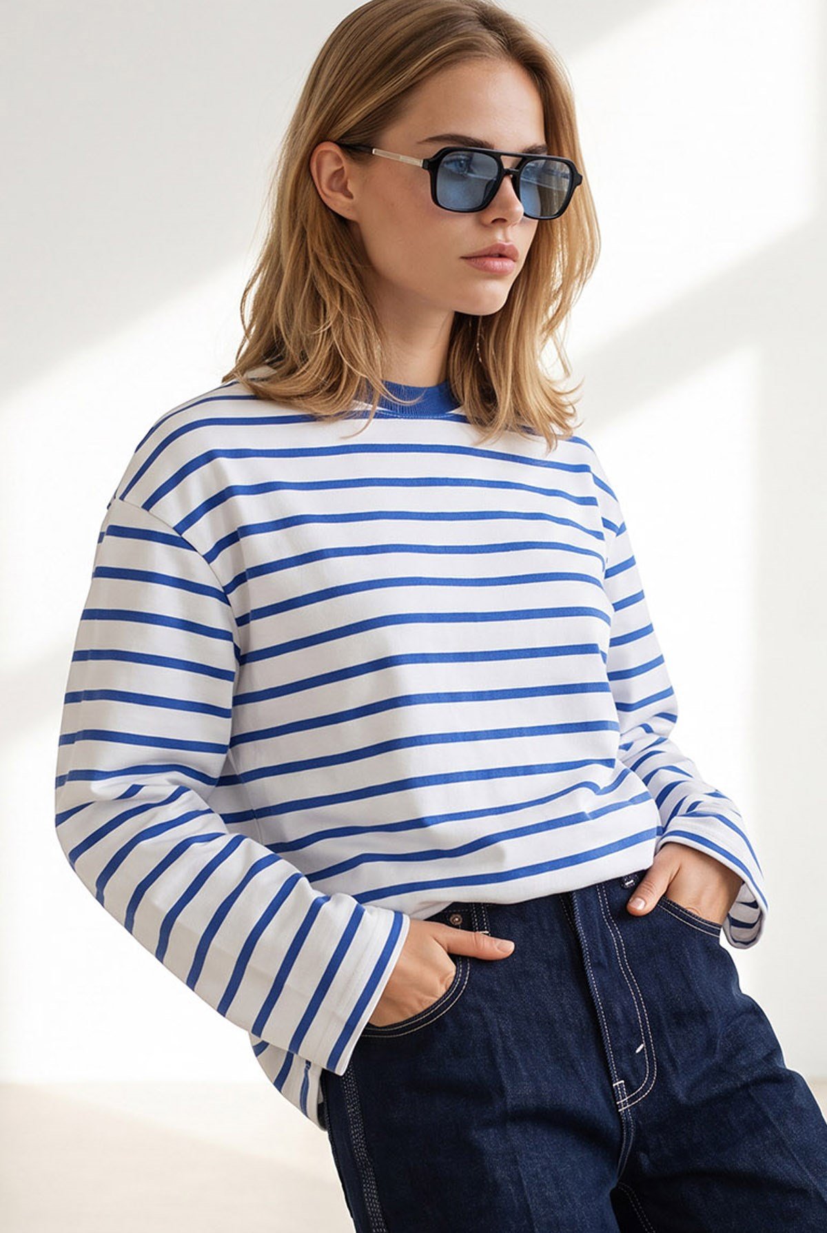 Çizgili İspanyol Kol İnce Sweatshirt Saks Mavi Beyaz