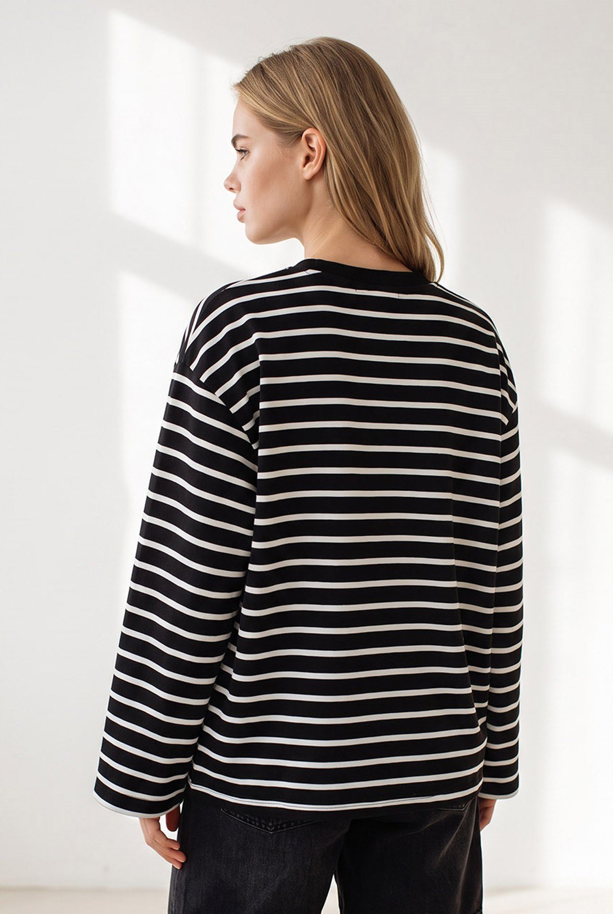 Çizgili İspanyol Kol İnce Sweatshirt Siyah Beyaz