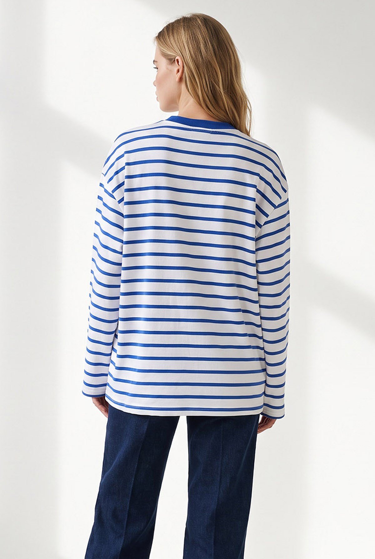 Çizgili İspanyol Kol İnce Sweatshirt Saks Mavi Beyaz
