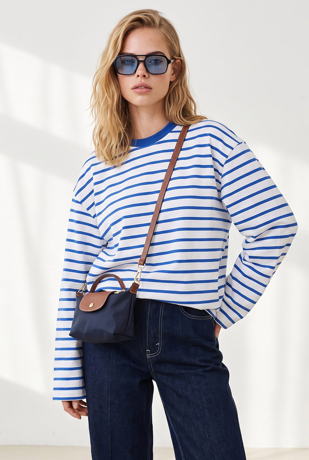 Çizgili İspanyol Kol İnce Sweatshirt Saks Mavi Beyaz