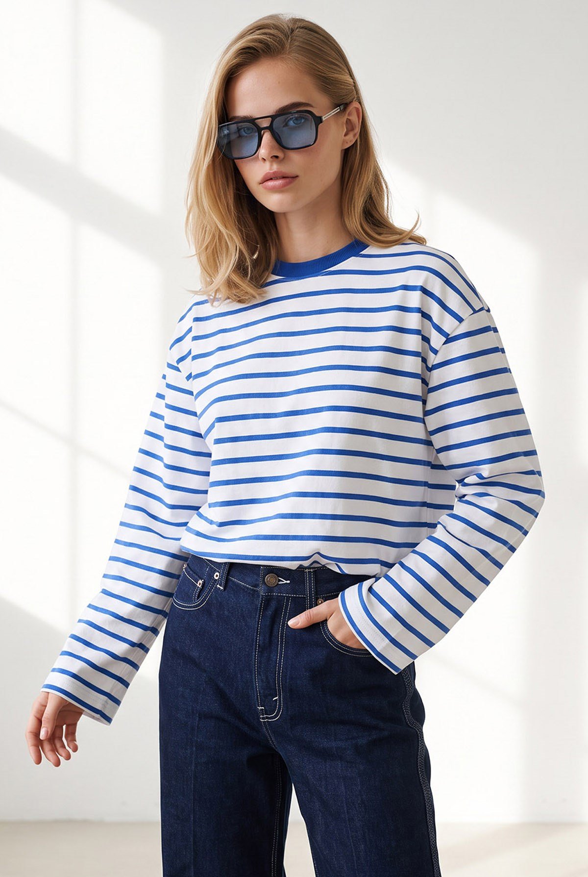 Çizgili İspanyol Kol İnce Sweatshirt Saks Mavi Beyaz