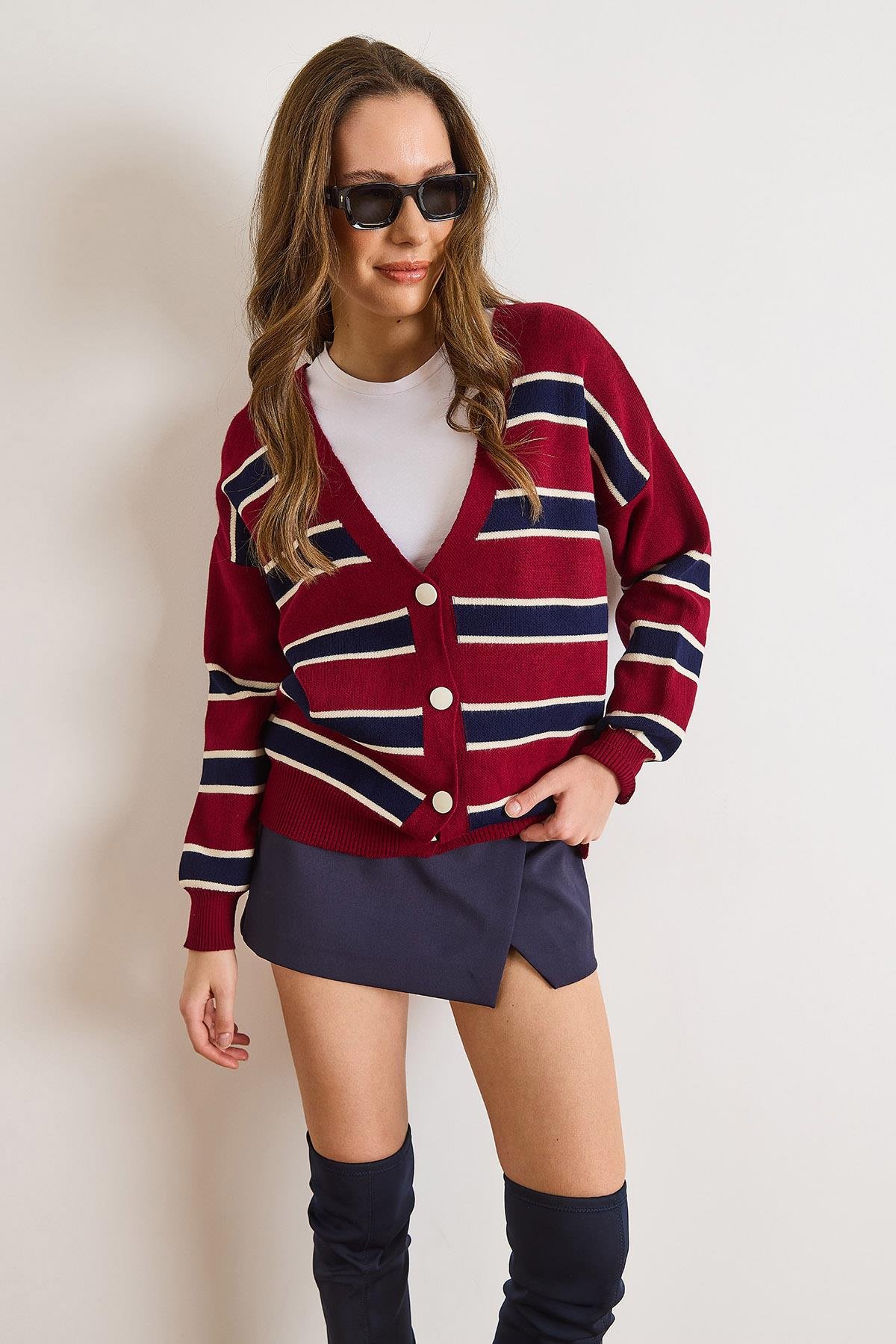 Çizgili Oversize Triko Hırka Bordo Lacivert