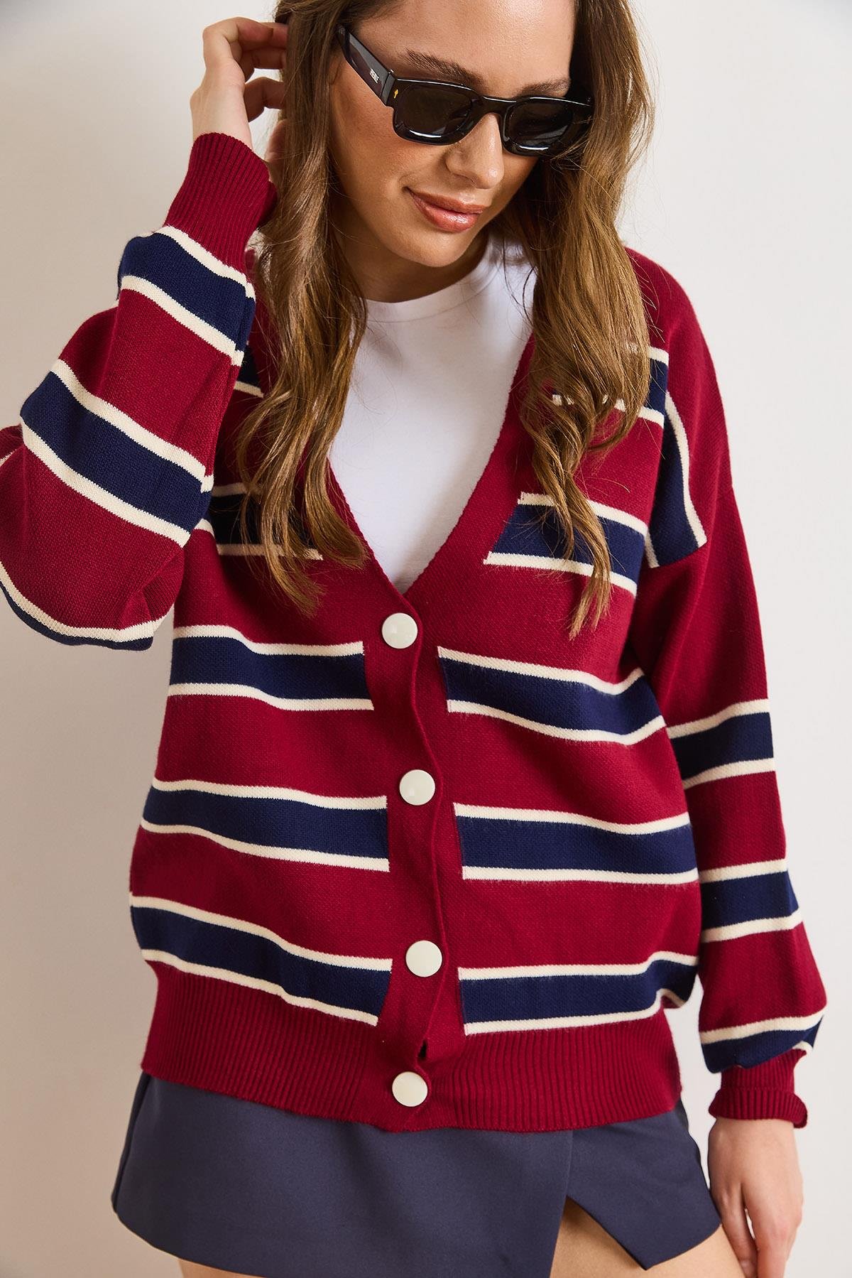 Çizgili Oversize Triko Hırka Bordo Lacivert