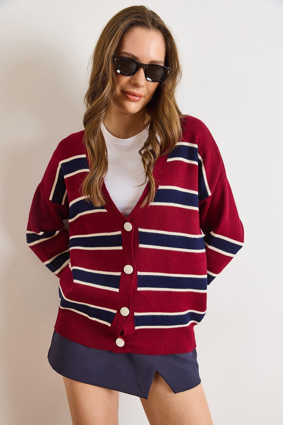 Çizgili Oversize Triko Hırka Bordo Lacivert