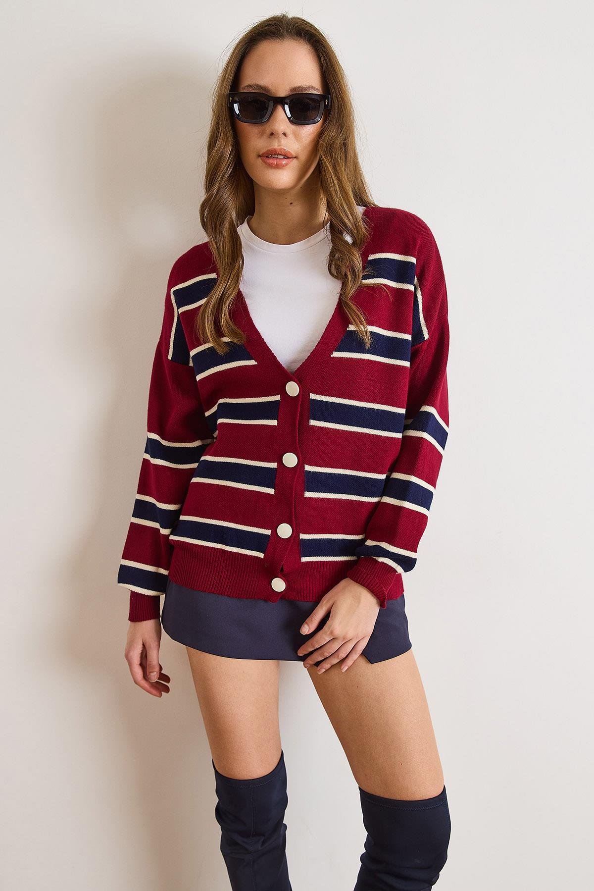 Çizgili Oversize Triko Hırka Bordo Lacivert