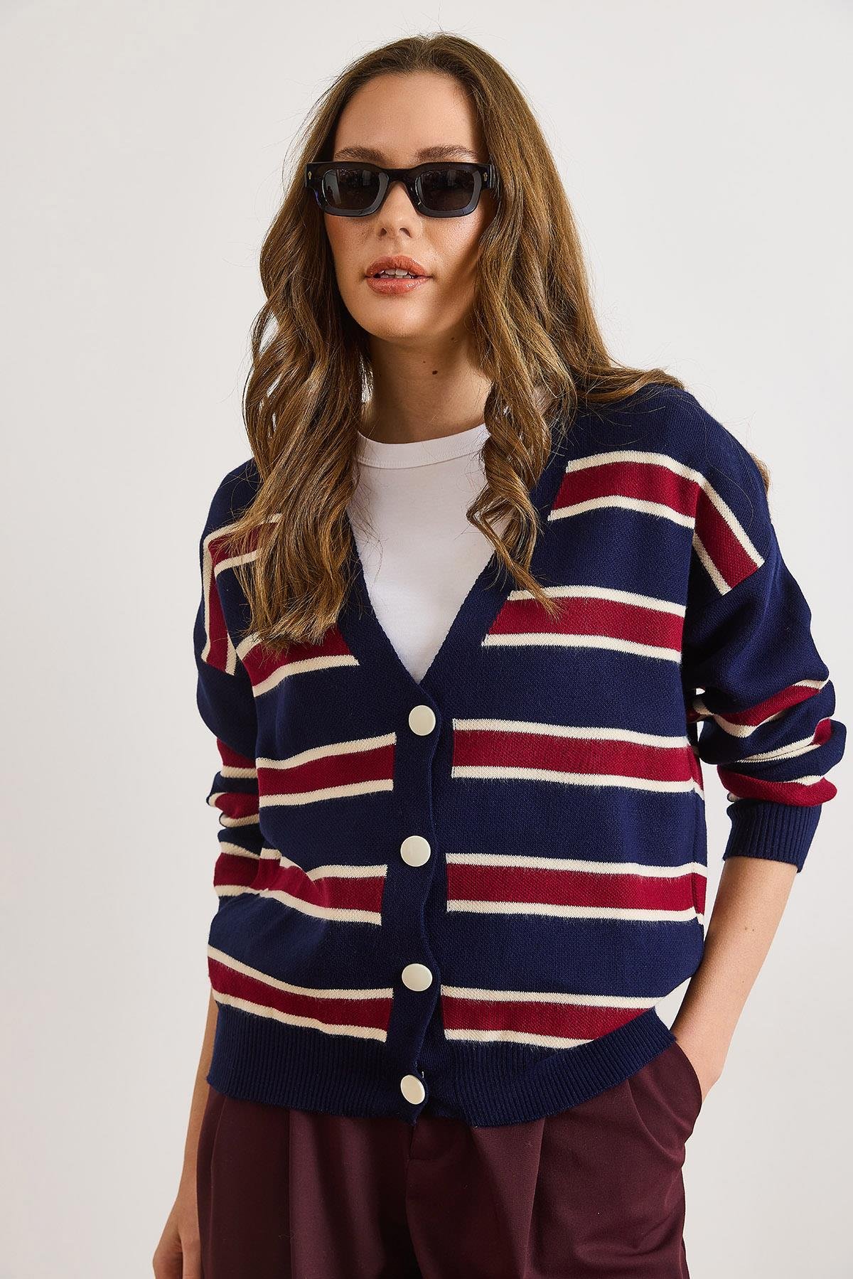 Çizgili Oversize Triko Hırka Lacivert Bordo