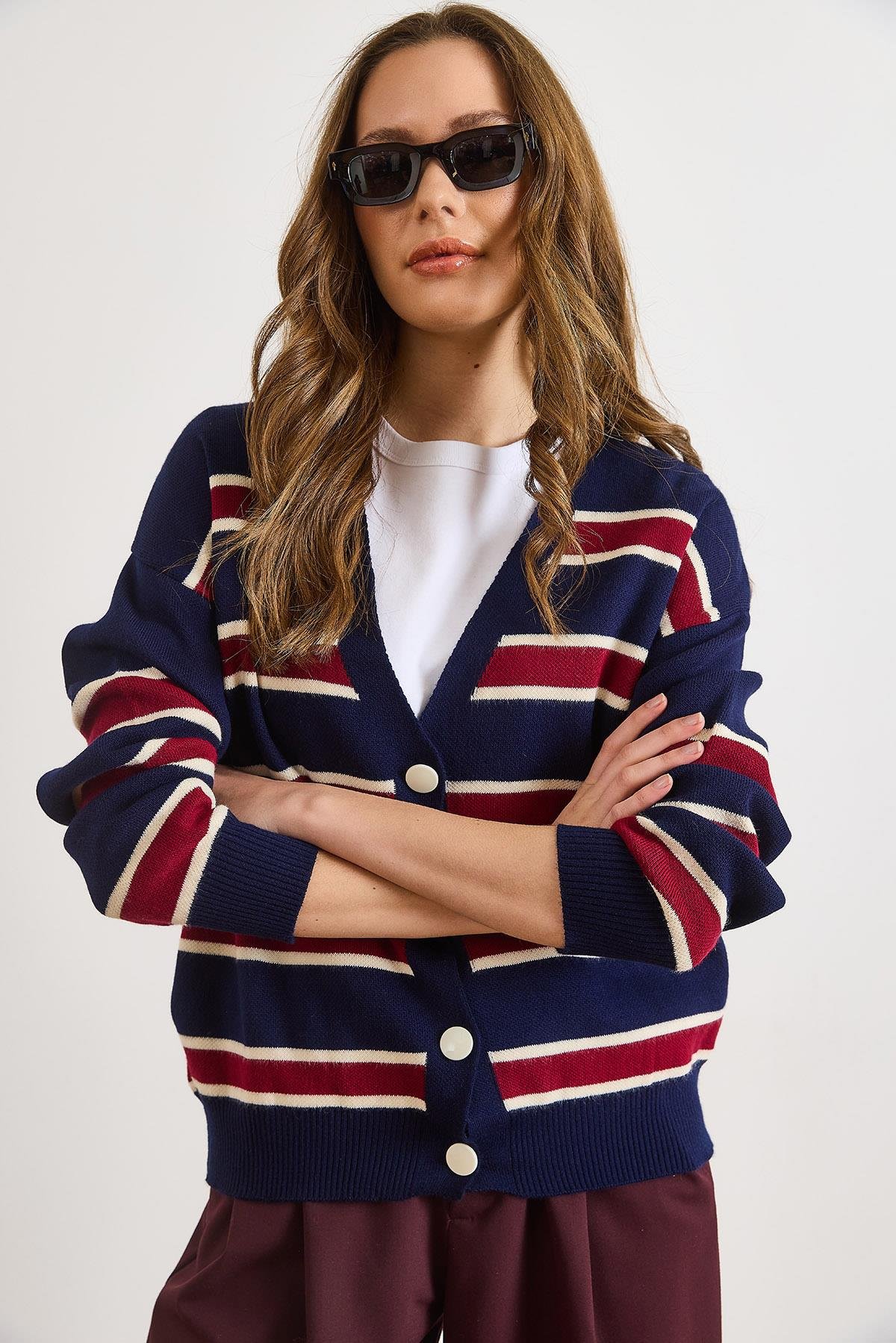 Çizgili Oversize Triko Hırka Lacivert Bordo