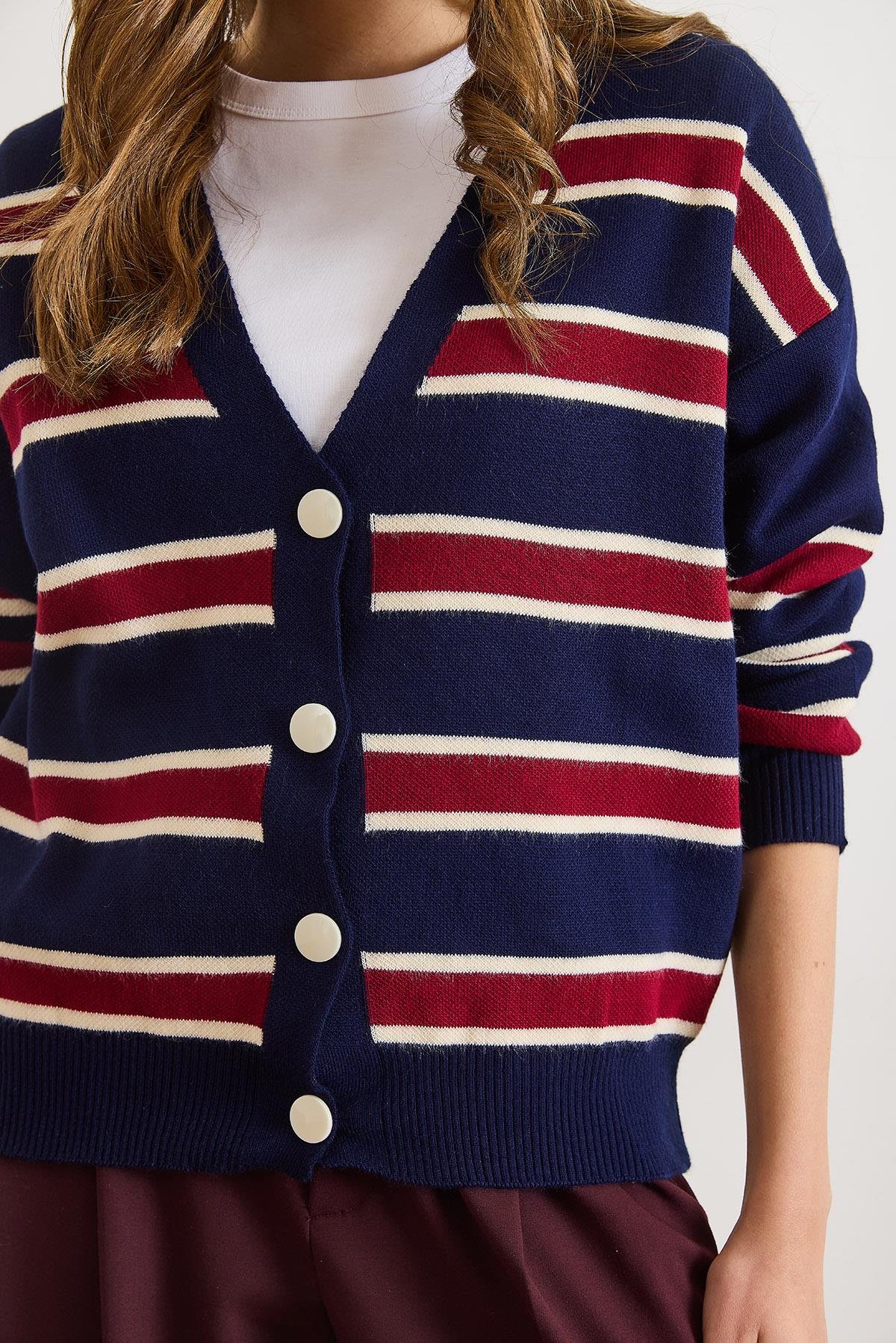 Çizgili Oversize Triko Hırka Lacivert Bordo