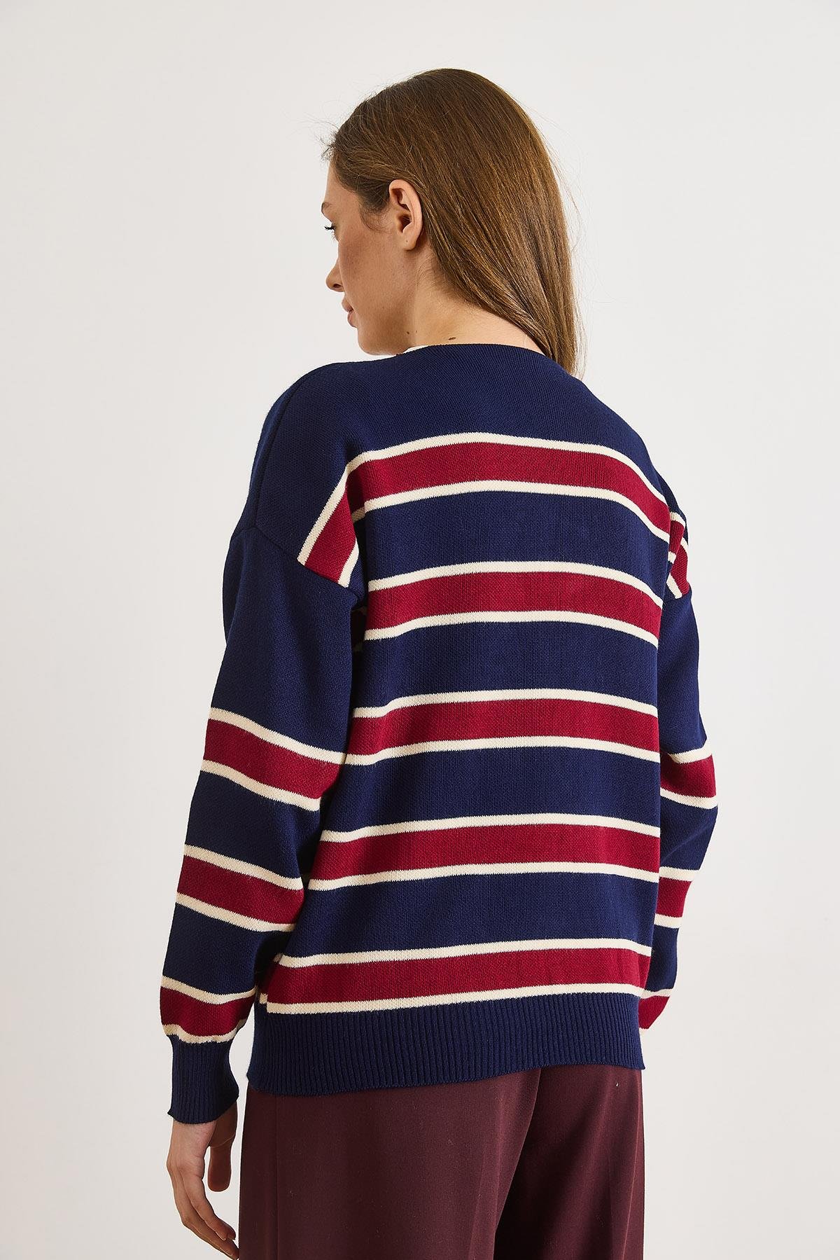 Çizgili Oversize Triko Hırka Lacivert Bordo