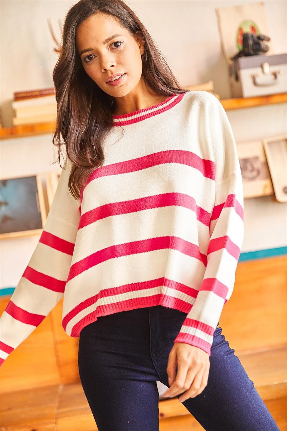 Çizgili Yarasa Oversize Crop Triko Kazak Fuşya