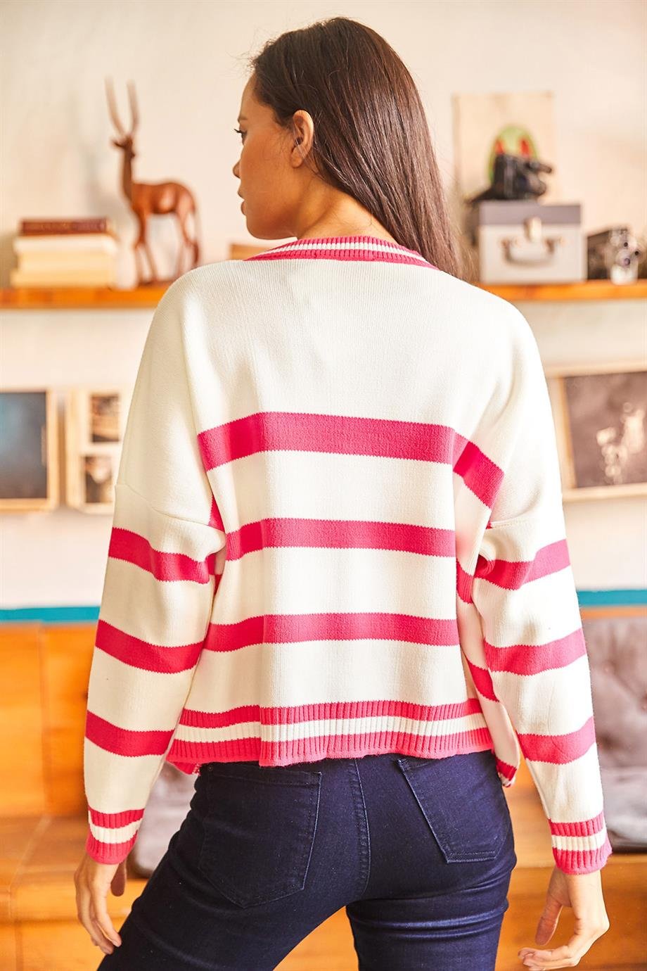 Çizgili Yarasa Oversize Crop Triko Kazak Fuşya