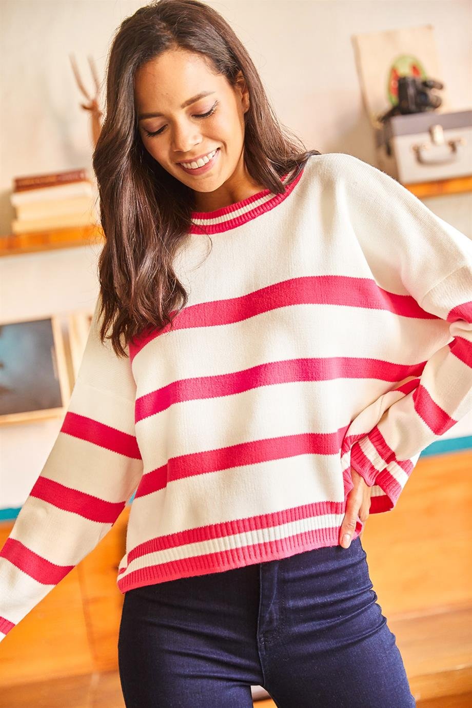 Çizgili Yarasa Oversize Crop Triko Kazak Fuşya