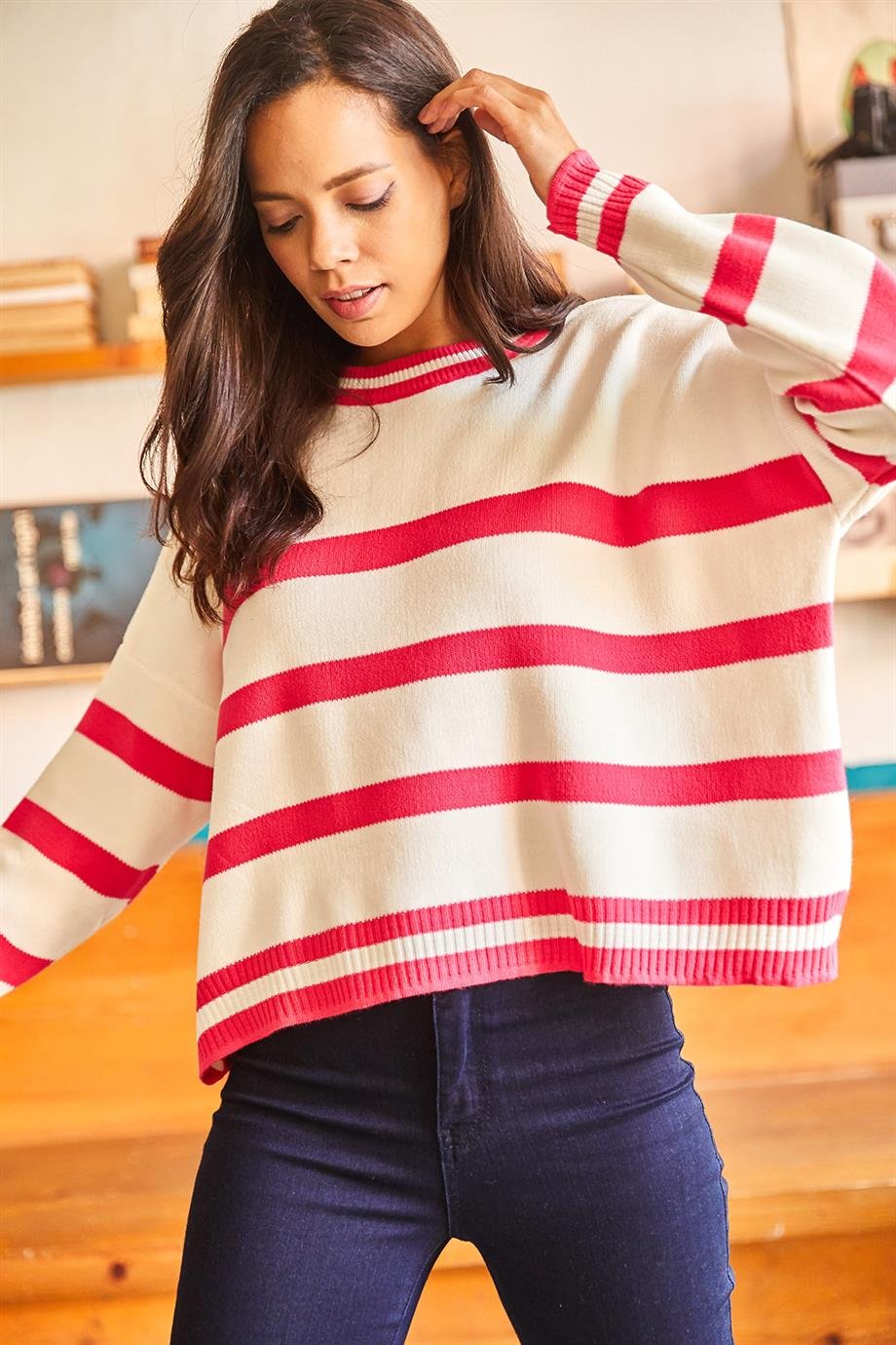 Çizgili Yarasa Oversize Crop Triko Kazak Fuşya
