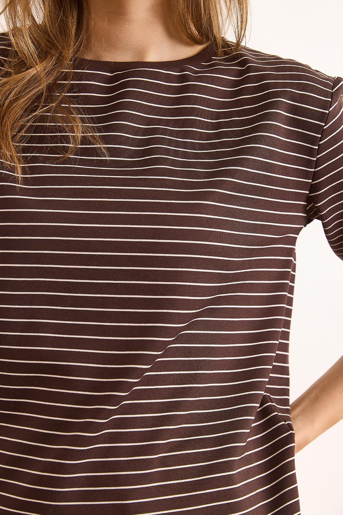Çizgili Yumuşak Dokulu Basic Sweatshirt Kahverengi