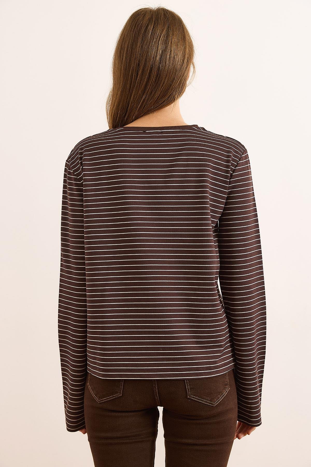 Çizgili Yumuşak Dokulu Basic Sweatshirt Kahverengi