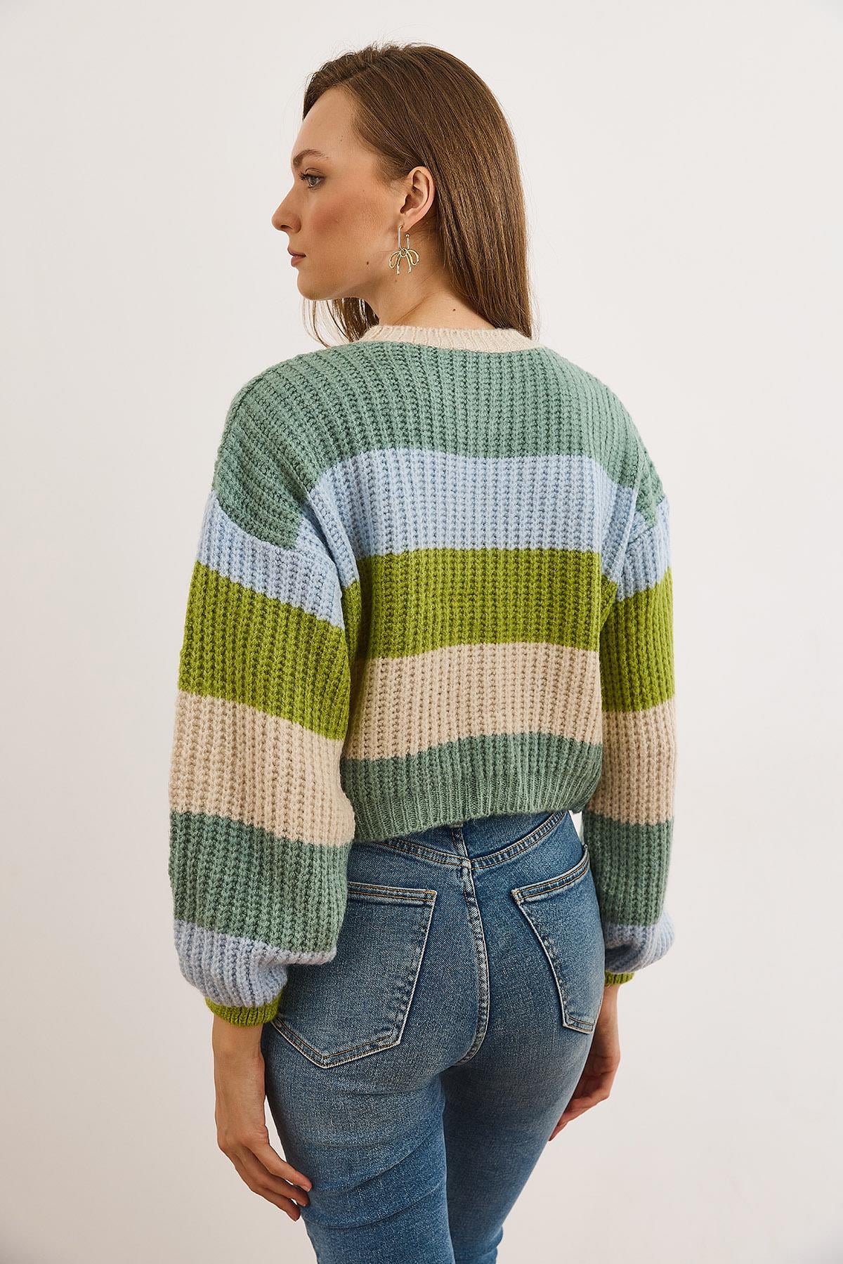 Çizgili Yumuşak Dokulu Crop Triko Kazak Mint Yeşili