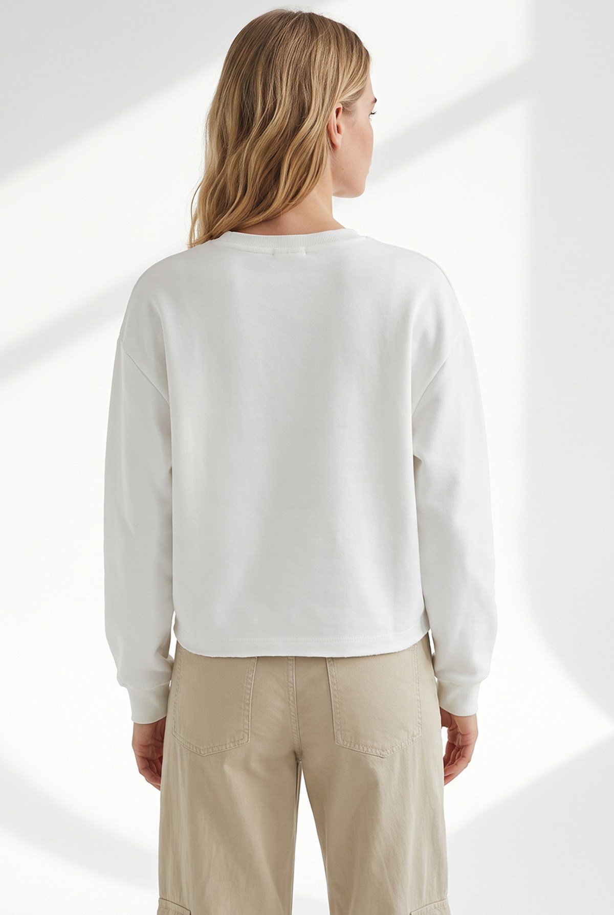 Crop Şardonlu Basic Sweatshirt Beyaz