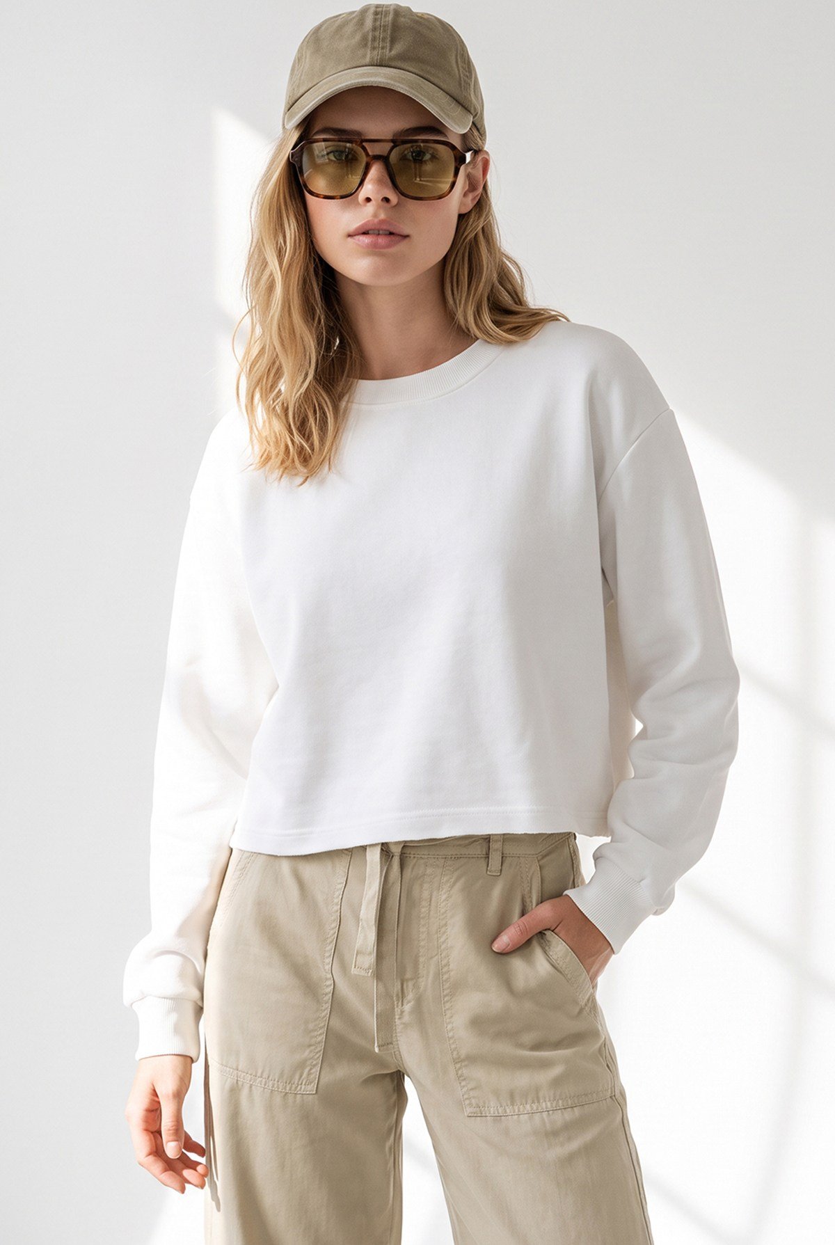 Crop Şardonlu Basic Sweatshirt Beyaz