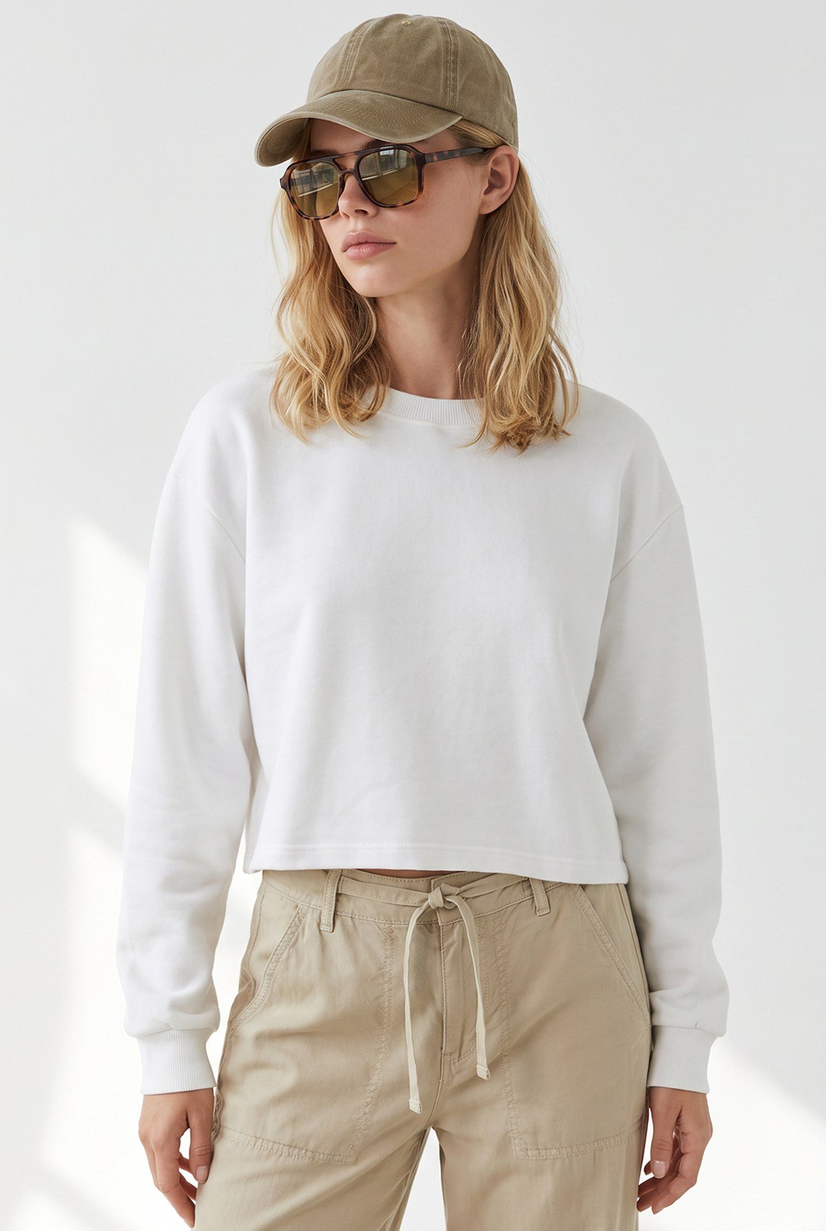 Crop Şardonlu Basic Sweatshirt Beyaz