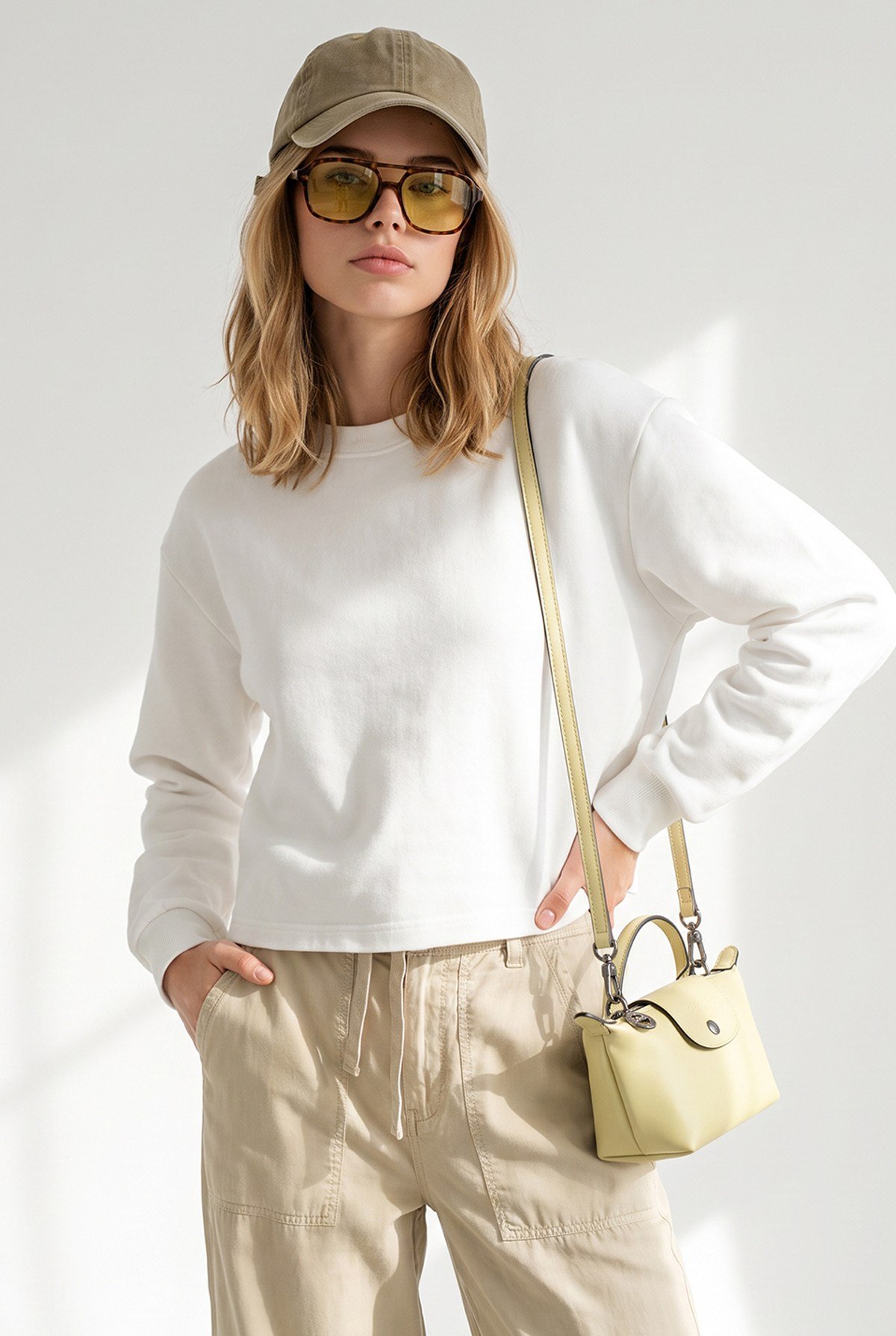 Crop Şardonlu Basic Sweatshirt Beyaz