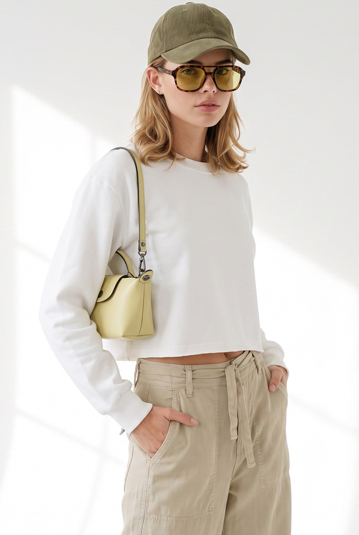 Crop Şardonlu Basic Sweatshirt Beyaz