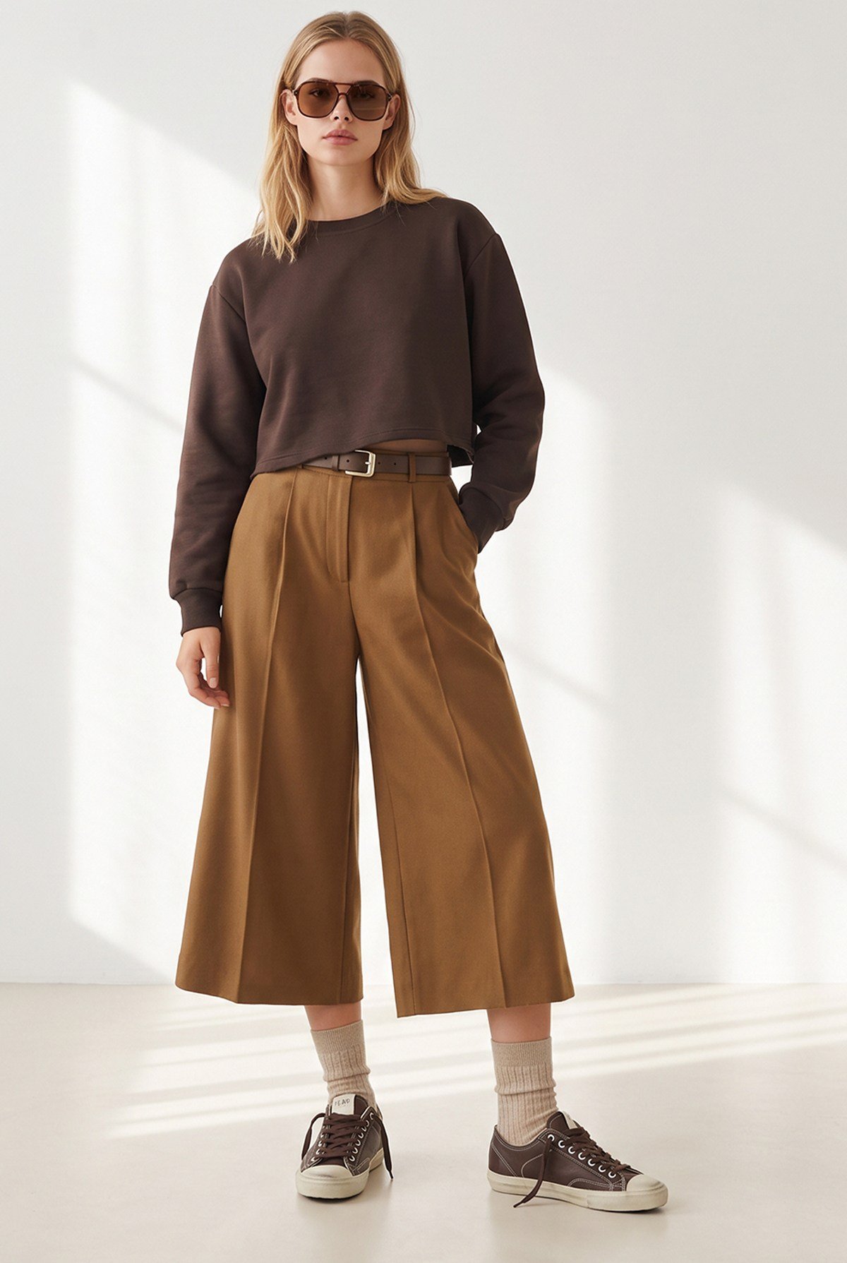 Crop Şardonlu Basic Sweatshirt Kahverengi