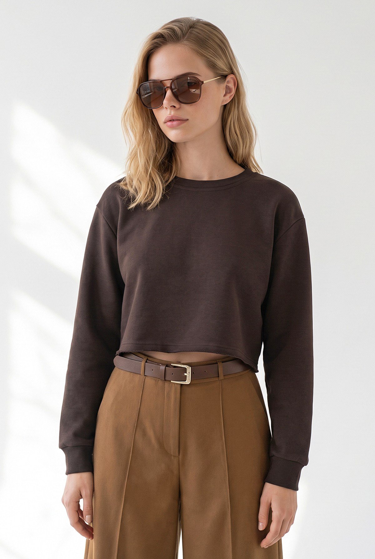 Crop Şardonlu Basic Sweatshirt Kahverengi