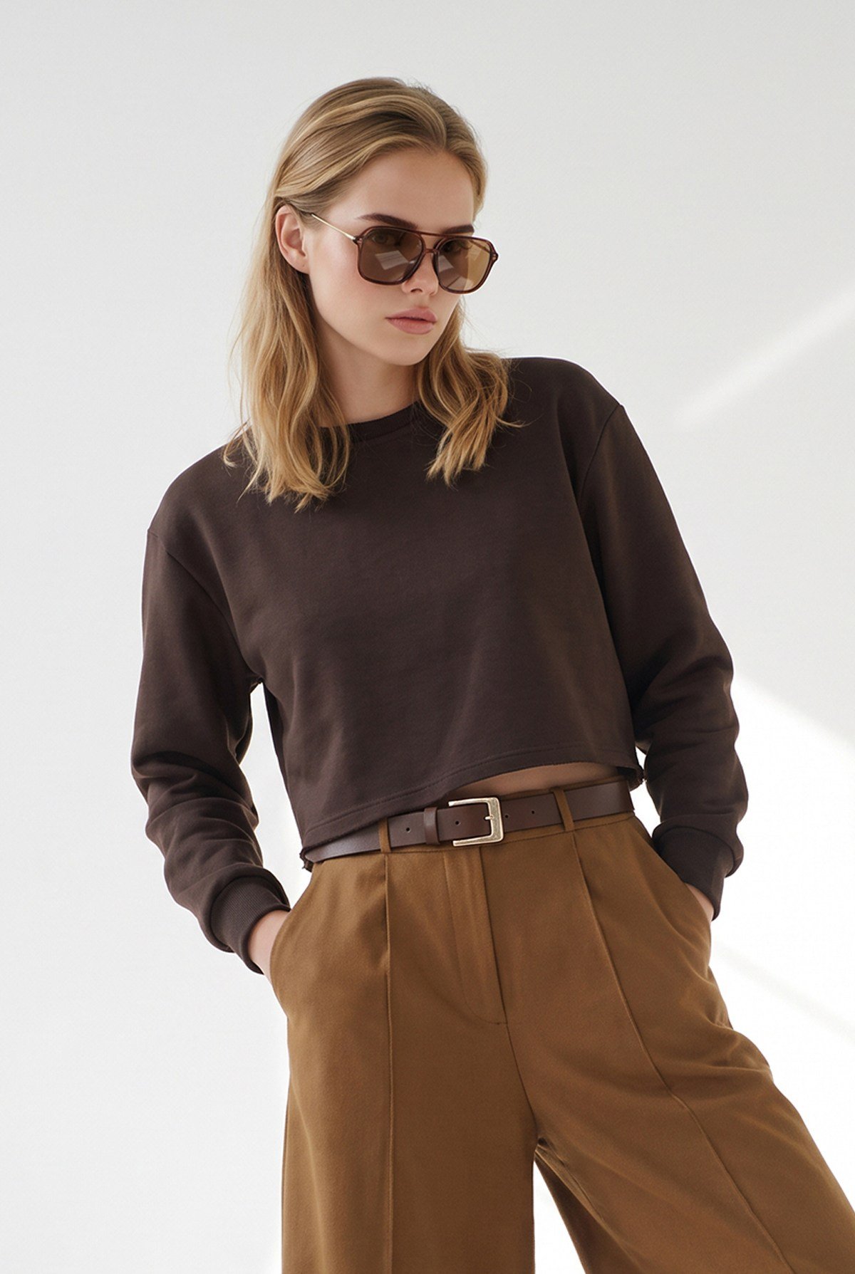 Crop Şardonlu Basic Sweatshirt Kahverengi