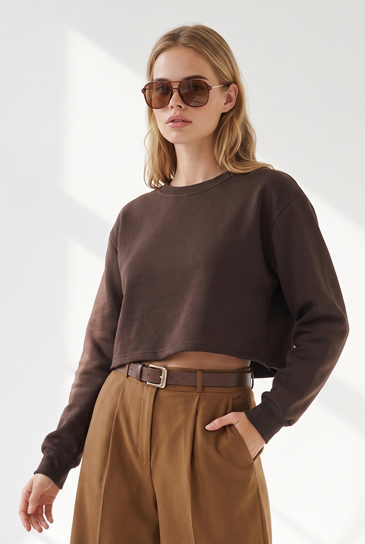 Crop Şardonlu Basic Sweatshirt Kahverengi