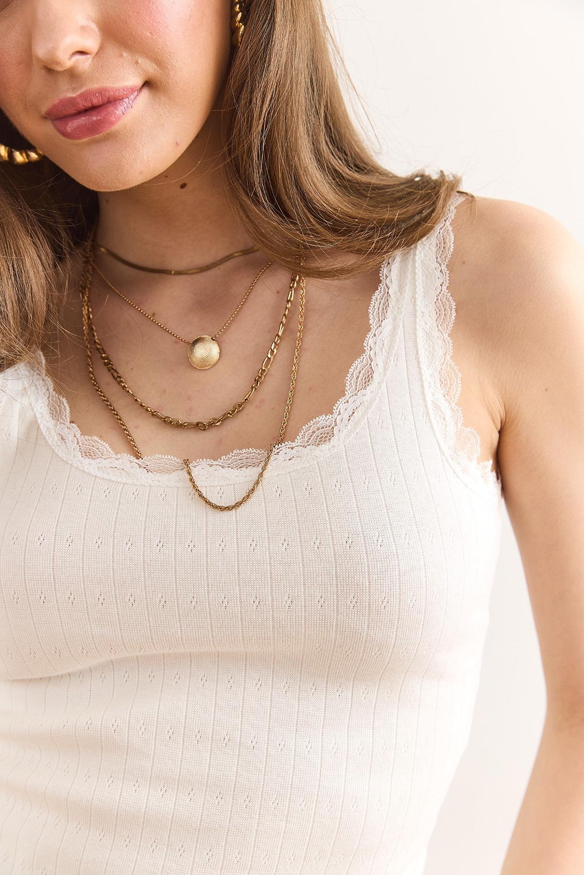 Dantel Detaylı Ajurlu Pamuk Crop Bluz Ekru