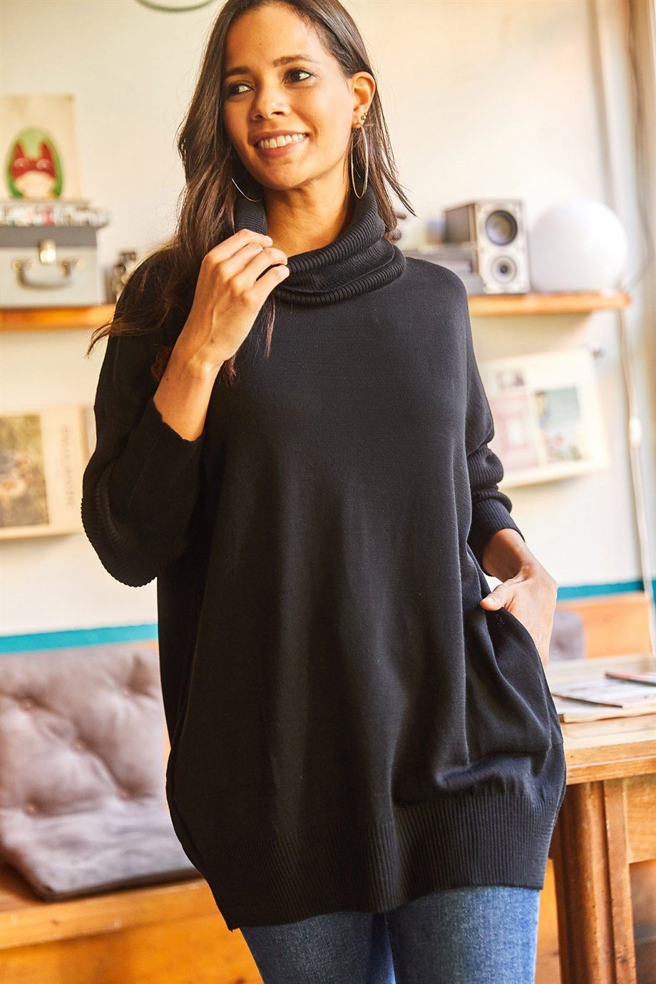 Degaje Yaka Gizli Cepli Oversize Triko Bluz Siyah
