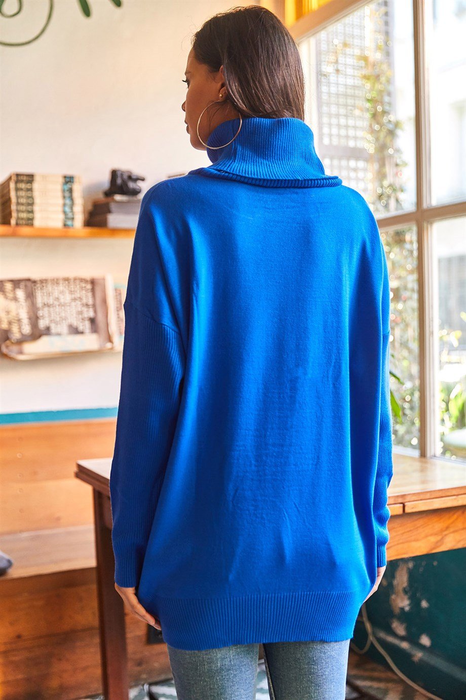 Degaje Yaka Gizli Cepli Oversize Triko Bluz Saks Mavi