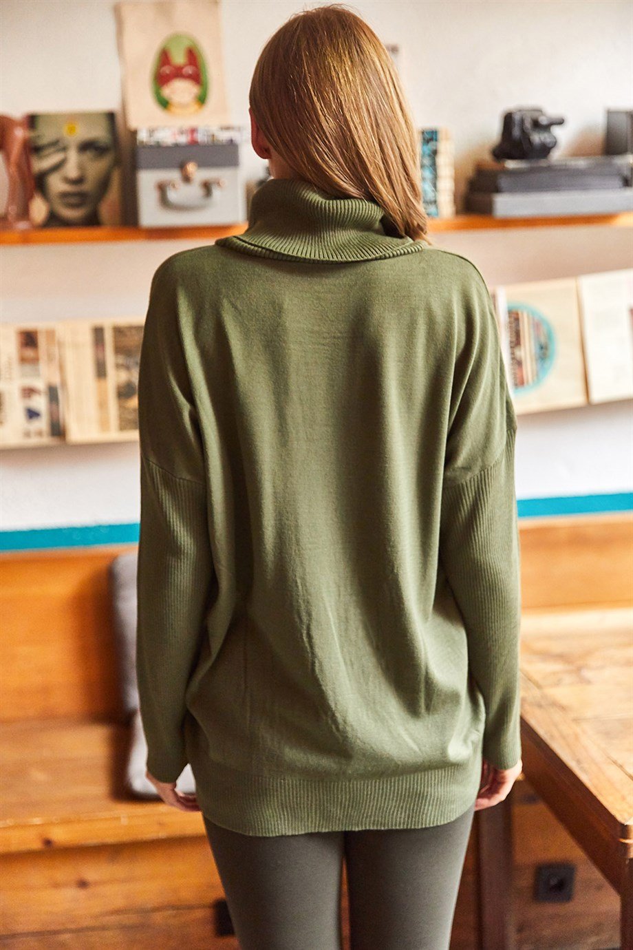 Degaje Yaka Gizli Cepli Oversize Triko Bluz Haki