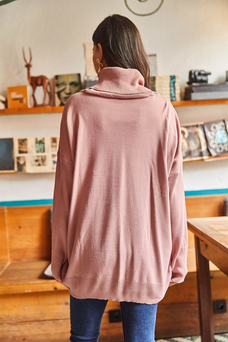 Degaje Yaka Gizli Cepli Oversize Triko Bluz Gül Kurusu