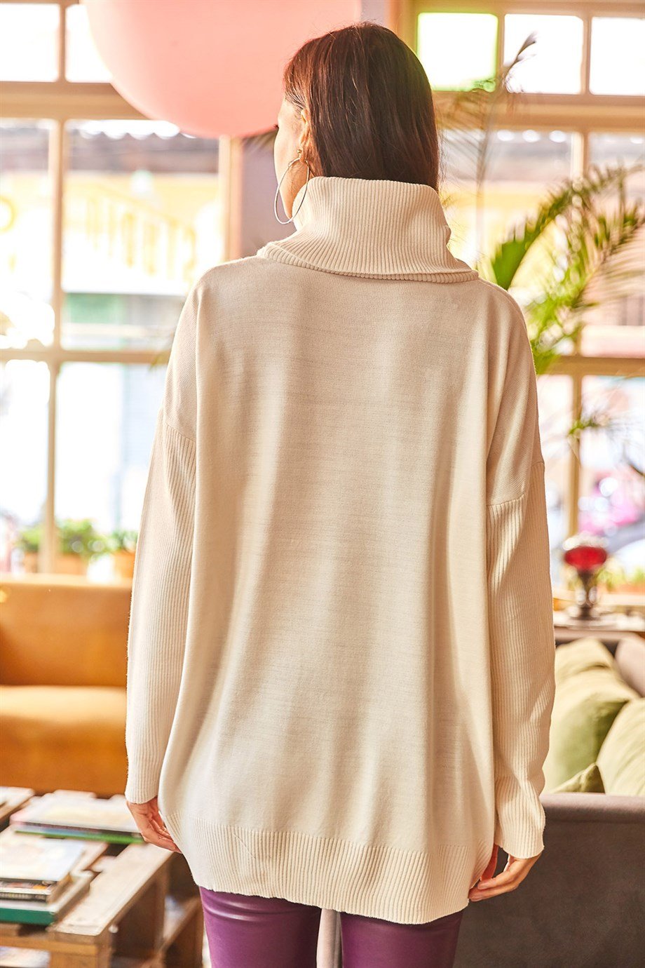 Degaje Yaka Gizli Cepli Oversize Triko Bluz Ekru