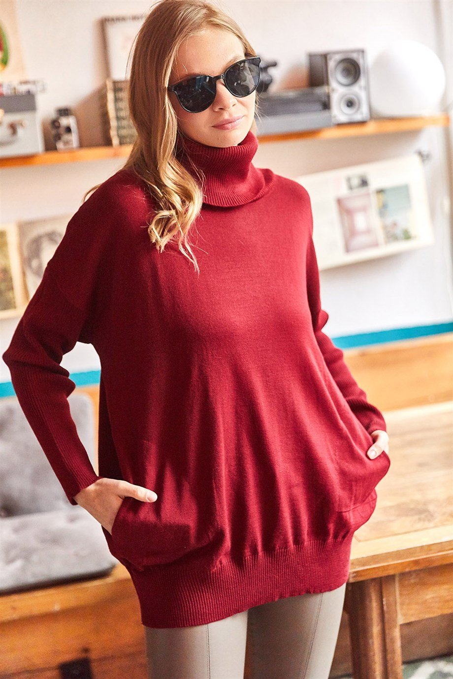 Degaje Yaka Gizli Cepli Oversize Triko Bluz Bordo
