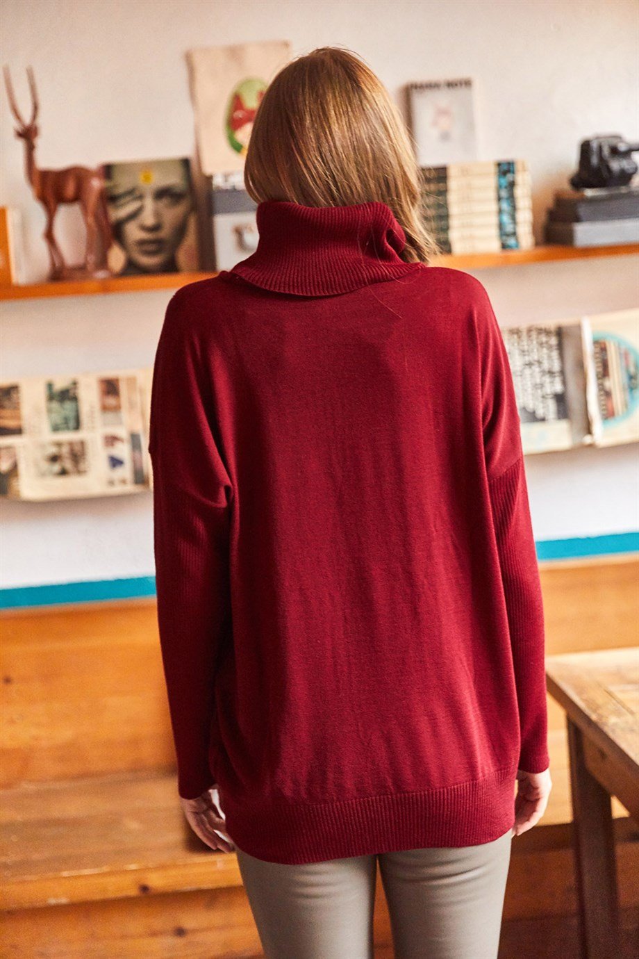 Degaje Yaka Gizli Cepli Oversize Triko Bluz Bordo